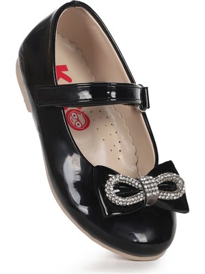 Kiko Kids Bowtie Papyon Taşlı Cırtlı Kız Çocuk Babet Ayakkabı