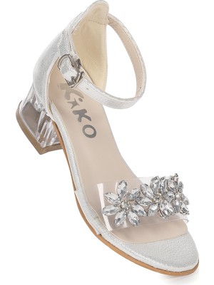 Kiko Kids Yangu Vakko Taşlı Kız Çocuk 3 Cm Şeffaf Topuklu Sandalet Abiye Ayakkabı