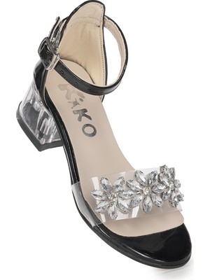 Kiko Kids Yangu Rugan Taşlı Kız Çocuk 3 Cm Şeffaf Topuklu Sandalet Abiye Ayakkabı