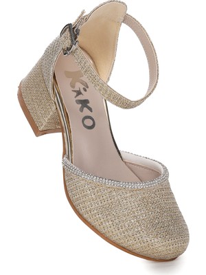 Kiko Kids 771 Çupra Taşlı Kız Çocuk 5 cm Topuklu Sandalet Ayakkabı Altın