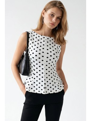 Mixray 2161 Kadın Puantiye Desenli Peplum Kolsuz Bluz Beyaz