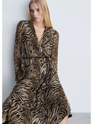 Mango Leopar Desenli Bağ Detaylı Elbise
