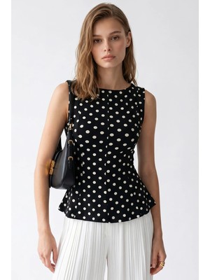 Mixray 2161 Kadın Puantiye Desenli Peplum Kolsuz Bluz Siyah