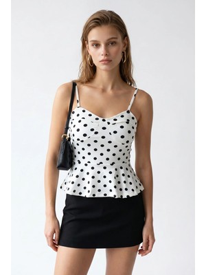 Mixray 2163 Kadın Puantiye Desenli Askılı Peplum Bluz Beyaz