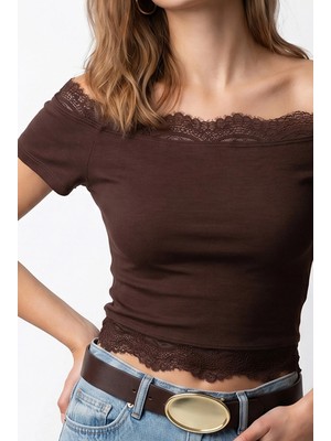 Mixray 2160 Kadın Madonna Yaka Dantel Detaylı Crop Bluz Kahve