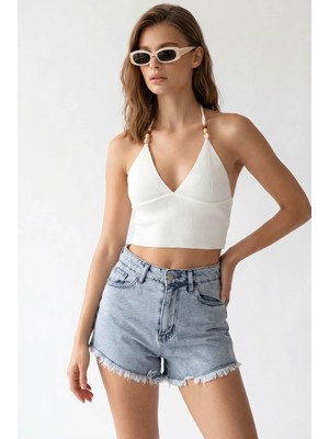 Mixray 2170 Kadın Yüksek Bel Kesik Püskül Paça Cep Detaylı Denim Şort Gri