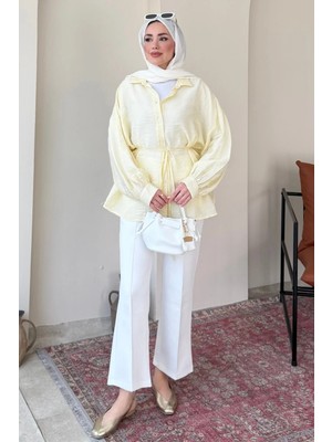 Tesettür Diyarı Mery Jakarlı Tül Modal Kumaş Oversize Gömlek- Sarı Standart (38-46 Uyumlu)