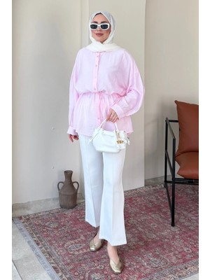 Tesettür Diyarı Mery Jakarlı Tül Modal Kumaş Oversize Gömlek- Pembe Standart (38-46 Uyumlu)