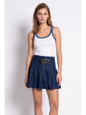 Mixray 2191 Kadın Çift Tokalı Pilili Yüksek Bel Denim Mini Etek Lacivert