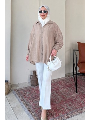 Tesettür Diyarı Mery Jakarlı Tül Modal Kumaş Oversize Gömlek- Vizon Standart (38-46 Uyumlu)