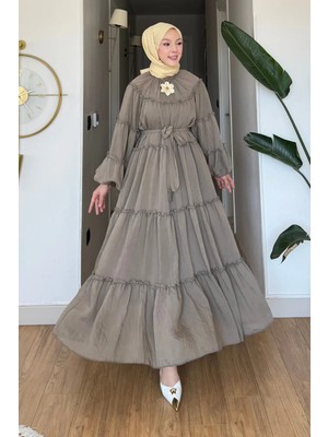 Tesettür Diyarı Parlin Tül Modal Kumaş Kuşaklı Tesettür Elbise- Haki
