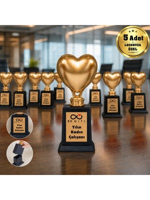 BK Gift Logonuza Özel 5 Adet Mesajlı Gold Renk Kalpli Gizli Bölmeli Kurumsal Ödül Kupası Seti