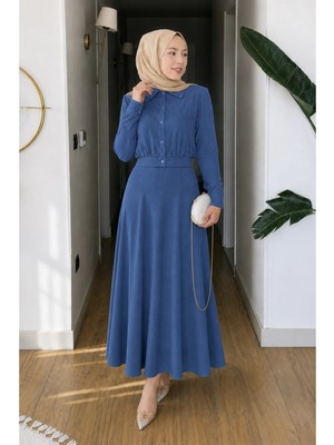 Tesettür Diyarı Tila Lizza Kumaş Gömlek-Etek Tesettür Takım- Indigo