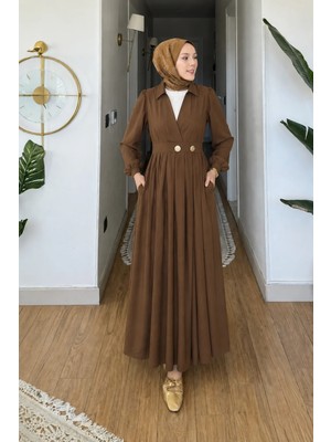 Tesettür Diyarı Opalia Bambu Cupra Kumaş V Yaka Tesettür Elbise- Kahverengi