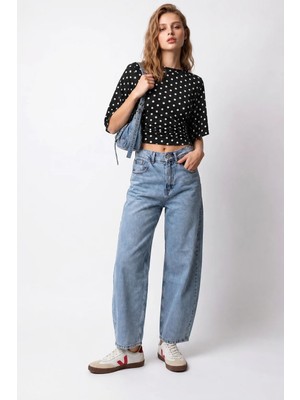 Mixray 2172 Kadın Yüksek Bel Geniş Paça Barrel Denim Pantolon Mavi