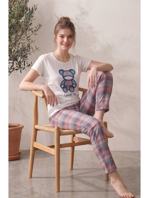 Farya Home Likralı Desenli Kısa Kollu Yazlık Rahat ve Esnek Pijama Takımı