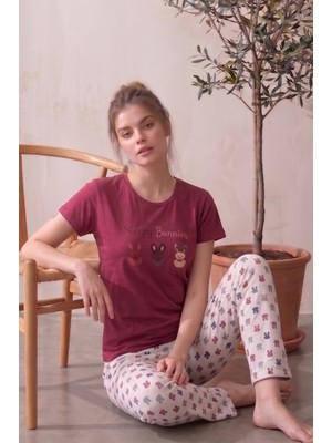Farya Home Likralı Desenli Kısa Kollu Yazlık Rahat ve Esnek Pijama Takımı