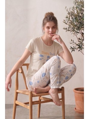 Farya Home Likralı Ördek Desenli Kısa Kollu Yazlık Rahat ve Esnek Pijama Takımı
