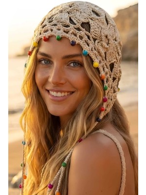 Tezzgelsin Kadın Bohem Boncuklu Örgü Bandana Bere Renkli Boncuklu Yazlık Şapka