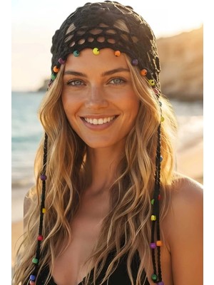 Tezzgelsin Kadın Bohem Boncuklu Örgü Bandana Bere Renkli Boncuklu Yazlık Şapka