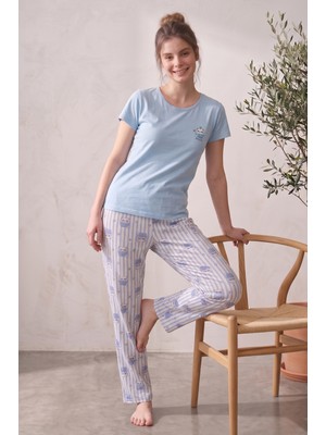 Farya Home Likralı Desenli Kısa Kollu Yazlık Rahat ve Esnek Pijama Takımı