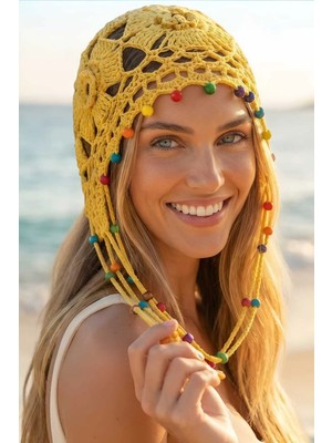 Tezzgelsin Kadın Bohem Boncuklu Örgü Bandana Bere Renkli Boncuklu Yazlık Şapka