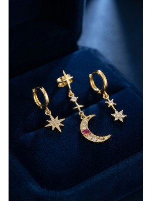 Ronanna Buğz Gold Renk 3 Lü Ay ve Yıldız Model Küpe