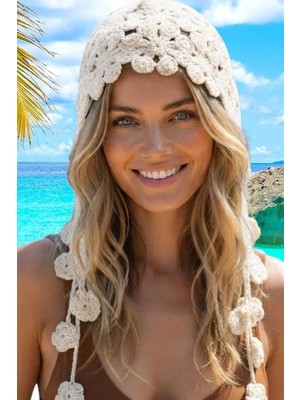 Tezzgelsin Kadın Çiçek Motifli Örgü Bandana Bere Bohem Yazlık Şapka