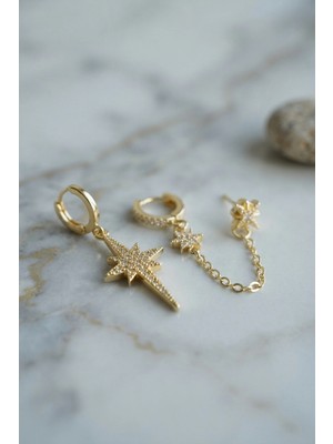 Ronanna 3 Lü Set Küpe Gold Renk Zincir Detaylı