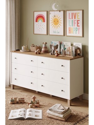 Robin Home Lena Bebek Çocuk Odası Geniş Şifonyer 6 Çekmeceli Ahşap Ayaklı Sepet-Beyaz