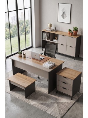 Robin Home Nexus Yönetici Ofis Takımı Makam Takımı Çalışma Masası Sehpa Keson Klasör Dolabı 4 Parça Sepet-Kumsal-Antrasit