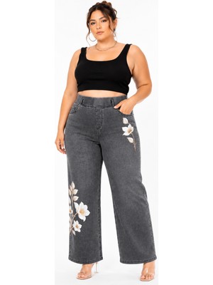 Zanessi Büyük Beden Denim Taşlı Yüksek Bel Çiçek Baskılı Bol Paça Kadın Pantolon