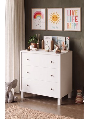 Robin Home Lena Bebek Çocuk Odası Şifonyer 3 Çekmece Ahşap Ayaklı  Beyaz