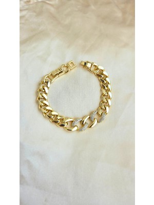 Sassy Takı Gold Zirkon Taşlı 14K Altın Kaplama Kalın Gurmet Zincir Model Çelik Bileklik