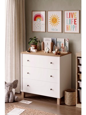 Robin Home Lena Bebek Çocuk Odası Şifonyer 3 Çekmece Ahşap Ayaklı Sepet-Beyaz