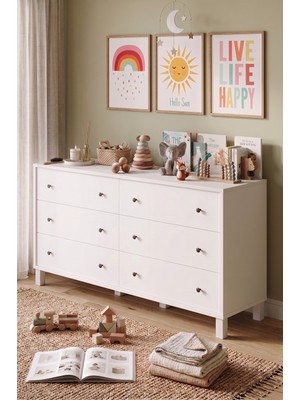 Robin Home Lena Bebek Çocuk Odası Geniş Şifonyer 6 Çekmeceli Ahşap Ayaklı Beyaz