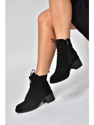 Fox Shoes Z555670602 Siyah Hakiki Deri Süet Kalın Topuklu Kadın Bot