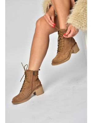 Fox Shoes Z555670602 Vizon Hakiki Deri Süet Kalın Topuklu Kadın Bot