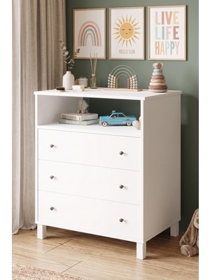 Robin Home Lena Bebek Çocuk Odasıyüksek Şifonyer 3 Çekmece Raflı Ahşap Ayaklı Beyaz