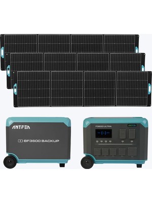 Antfea F3600 Ultra Taşınabilir Güç Kaynağı + BF3600 Backup Yedek Batarya + 3 Adet 400W Taşınabilir Güneş Paneli [ 3.6 Kw / 7.6 Kwh / 1.2 Kw ]
