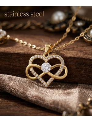 Stainless Steel 316L Çelik Zincir Gold Renk Sonsuzluk Kalp Model Çelik Kolye