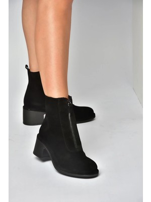 Fox Shoes Z555671002 Siyah Hakiki Deri Süet Kalın Topuklu Kadın Bot