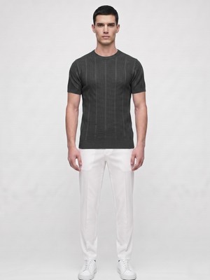 Plus Scorpion Erkek Bisiklet Yaka Kısa Kollu Triko Tişört – Dokulu Örgü Modern Kesim Yazlık T-Shirt