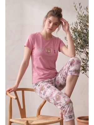 Farya Home Pamuklu Desenli Kısa Kollu Bermuda Kapri Pijama Takımı