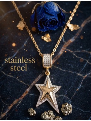 Stainless Steel 316L Çelik Gold Renk Zirkon Taşlı Büyük Yıldız Model Kolye
