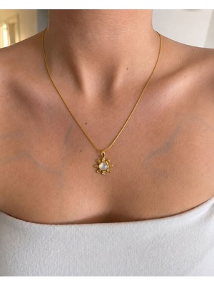 Sun Jewellery Kedi Gözü Taşlı Güneş Figürlü Paslanmaz Çelik Gold Kadın Kolye