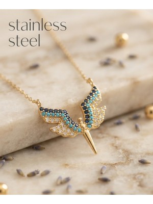 Stainless Steel Gold Renk Mavi Taş Mikail Melek Model Çelik Kolye