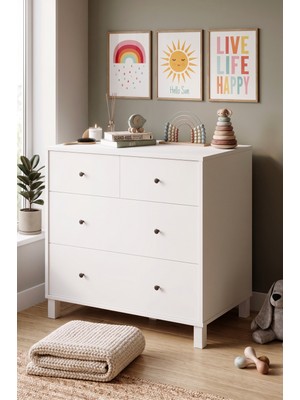 Robin Home Lena Geniş Şifonyer 4 Çekmeceli Ahşap Ayaklı Bebek ve Çocuk Odası Beyaz