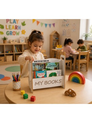 Monte Toys Montessori Ahşap Çocuk Kitaplık Beyaz Eğitici ve Dekoratif Tasarım My Books Montetoys