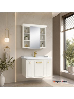 Kale Arte+ 80 Cm Parlak Beyaz Banyo Dolabı Takımı (Altın Kulp)
